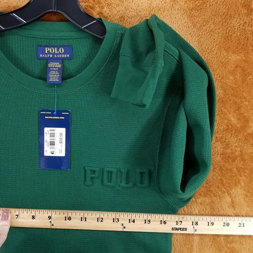 POLO Shirt Mens Small Green Pullover Crew Thermal Long Sleeve Raised Logo Pony